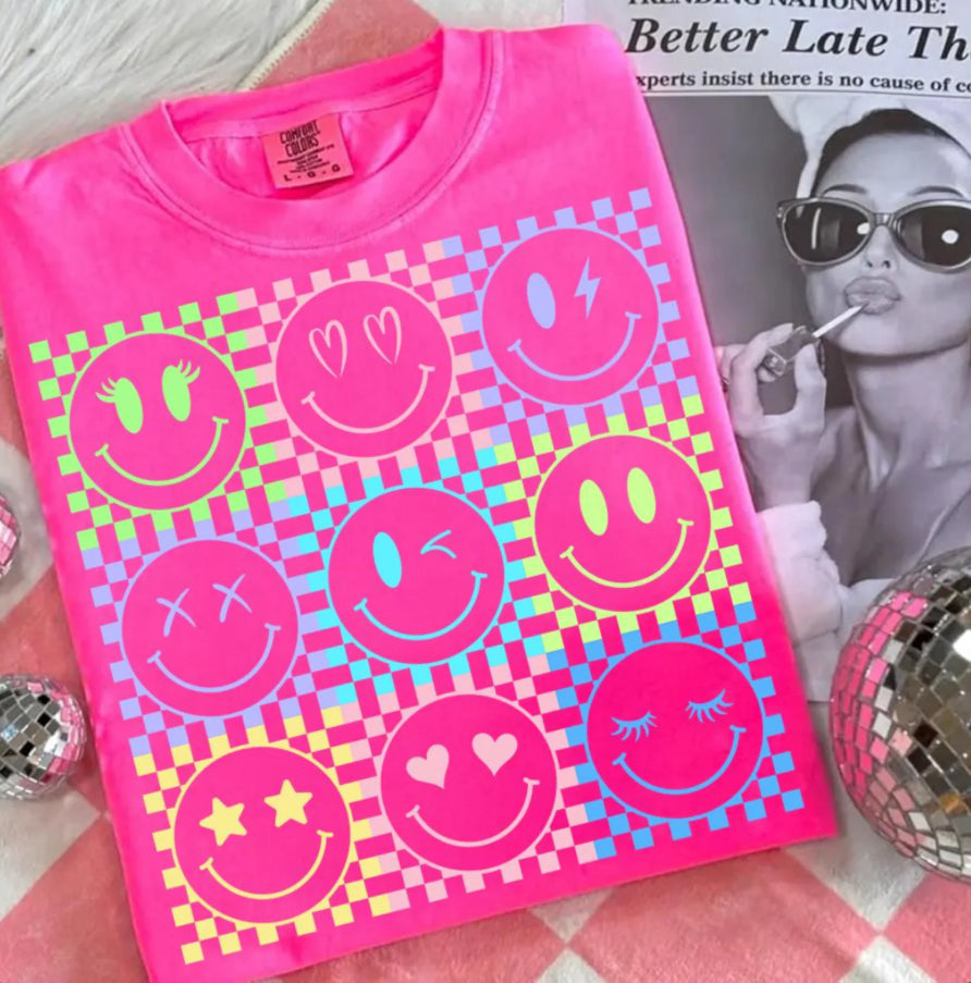Neon smiley checkered