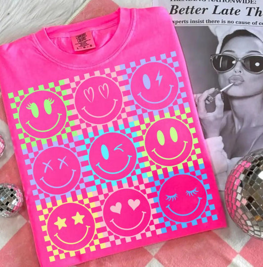 Neon smiley checkered